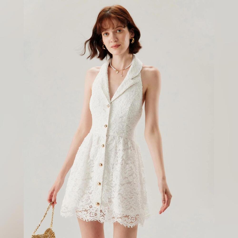 RIHOAS White Lace Collared Sleeveless Mini Dress M